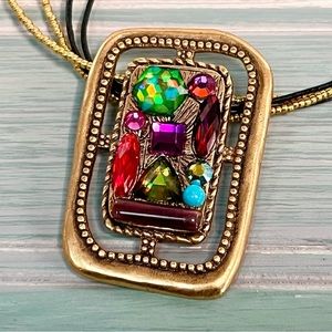 Chico's NWT Statement Pendant Necklace Jeweled Beaded Antiqued Gold Shiny